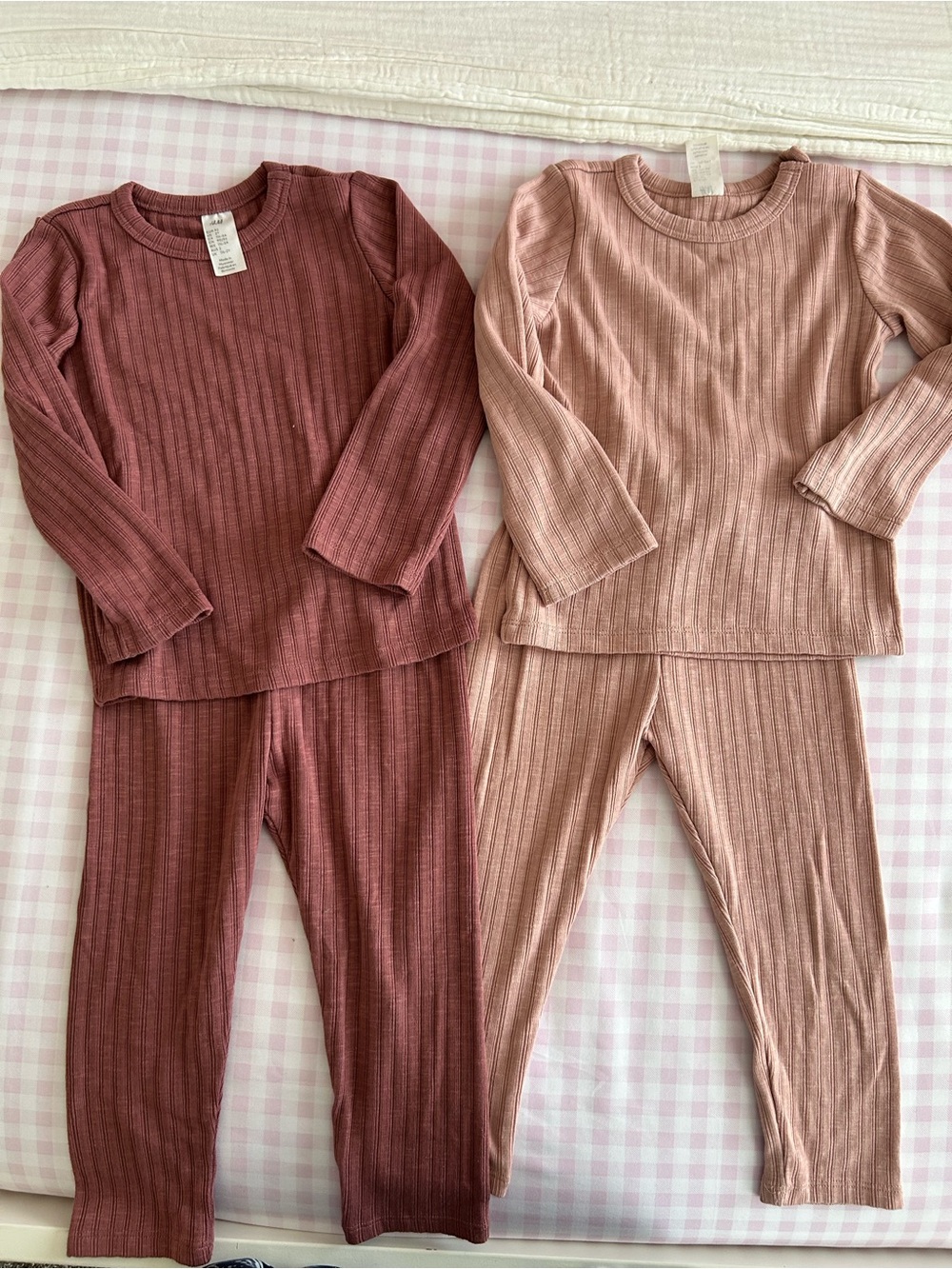H&M Ribbed Two-Piece Pajama Sets in Mauve and Dusty Rose